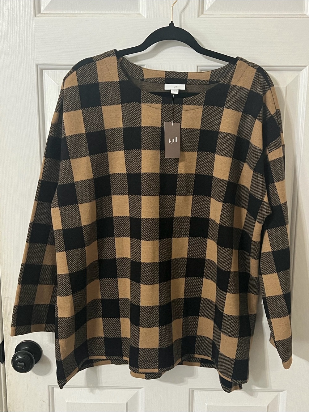 NWT Women’s J.Jill Camel Black Plaid 3/4 Sleeve Sweater Blouse XL Fall Classic